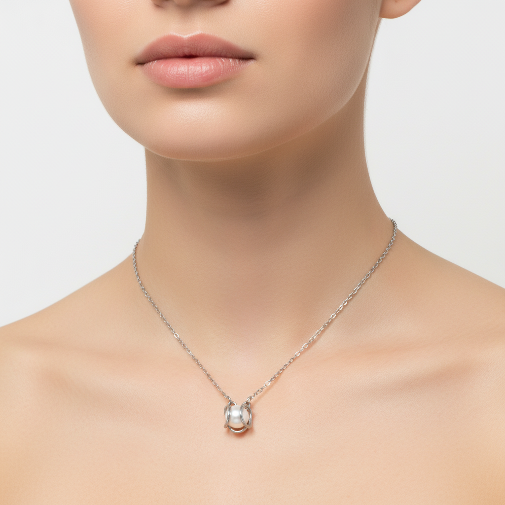 Woman wearing Floating Pearl Necklace