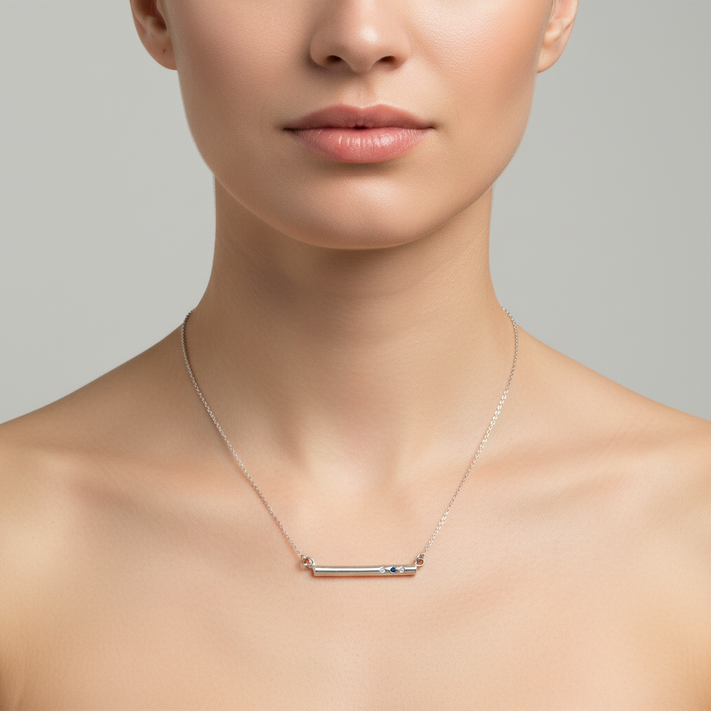 Woman wearing Balance Bar Sapphire & Diamonds Pendant