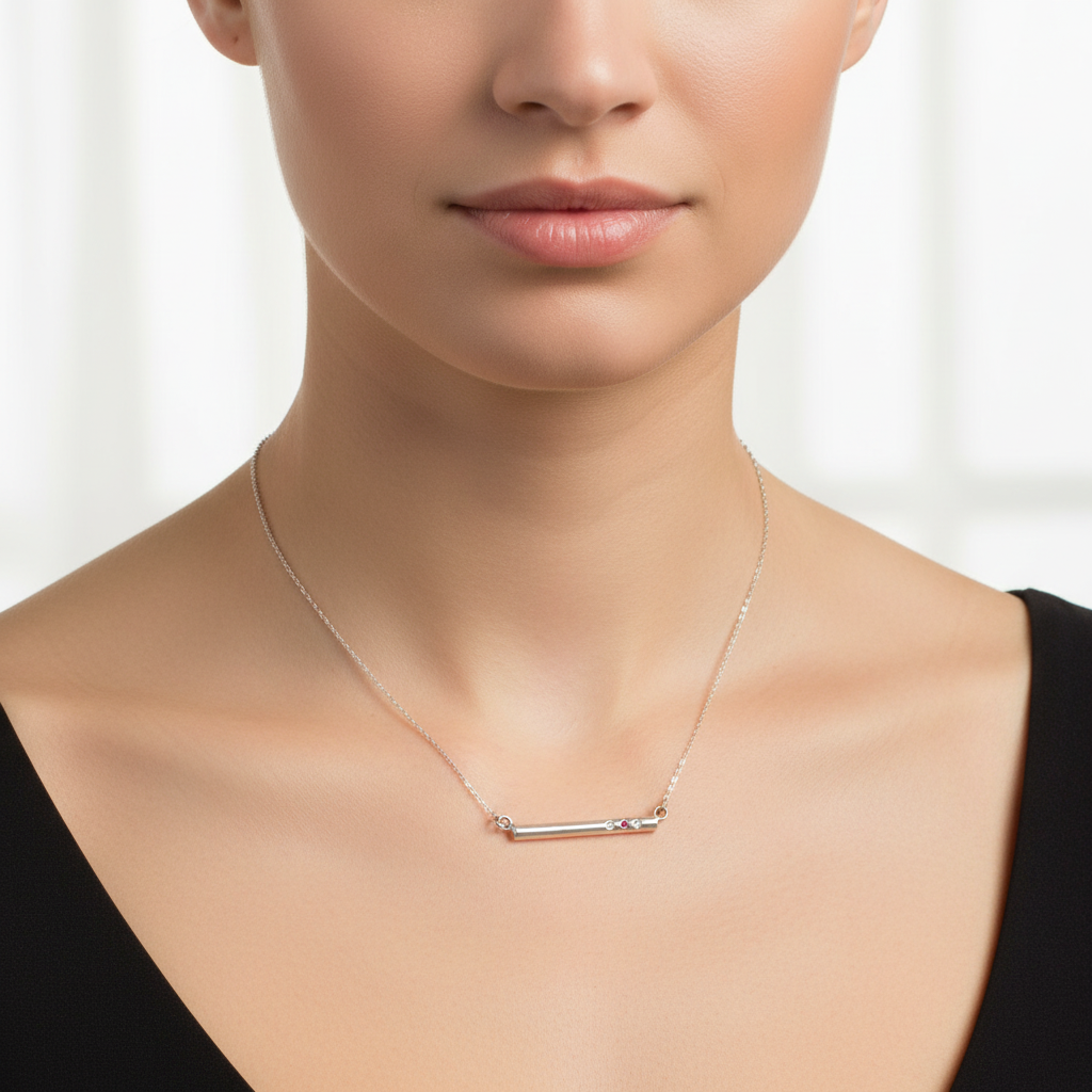 Woman wearing Balance Bar Ruby & Diamonds Pendant