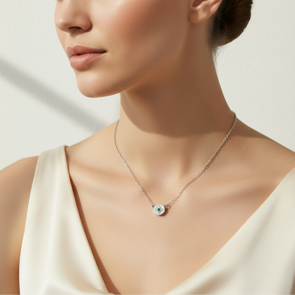 Woman wearing Full Moon Emerald Necklace