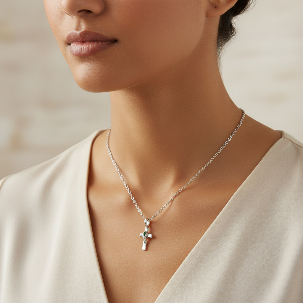 Woman wearing Twisted Cross with Tourmaline Pendant necklace