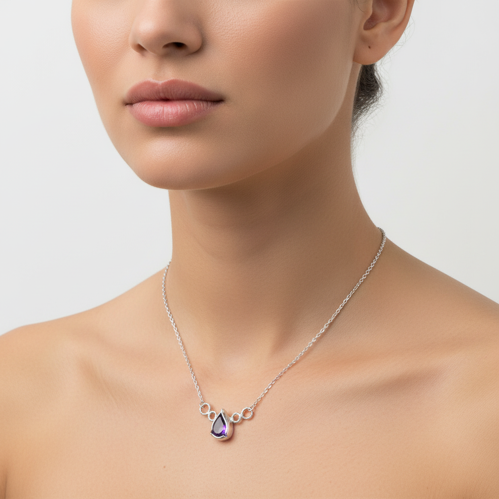 Woman wearing Amethyst Bezel Necklace