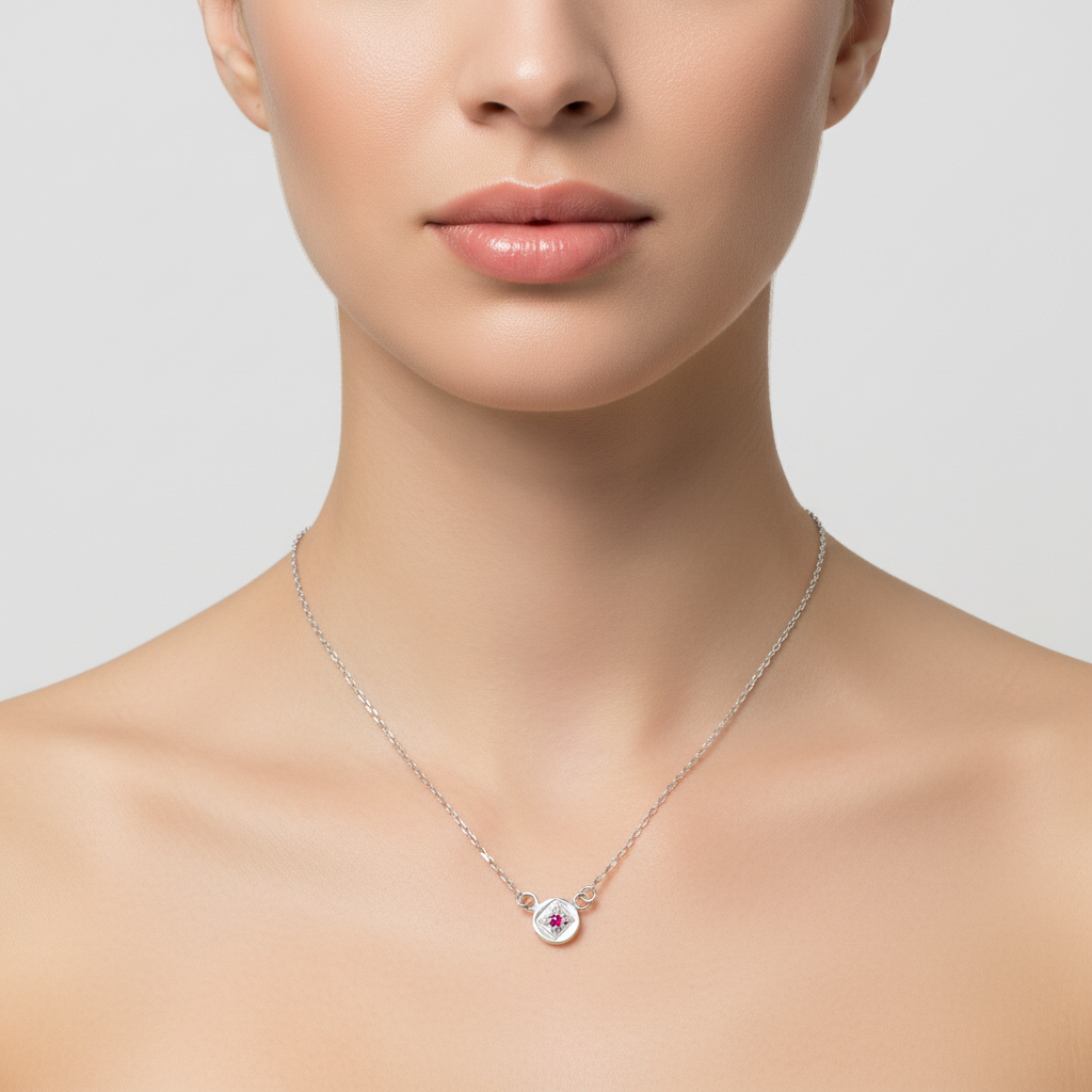 Woman wearing Full Moon Ruby Necklace