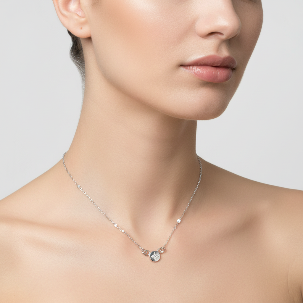 Woman wearing White Diamond Full Moon Necklace