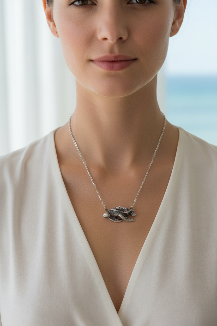 Woman wearing Matilda the Sea Turtle Pendant