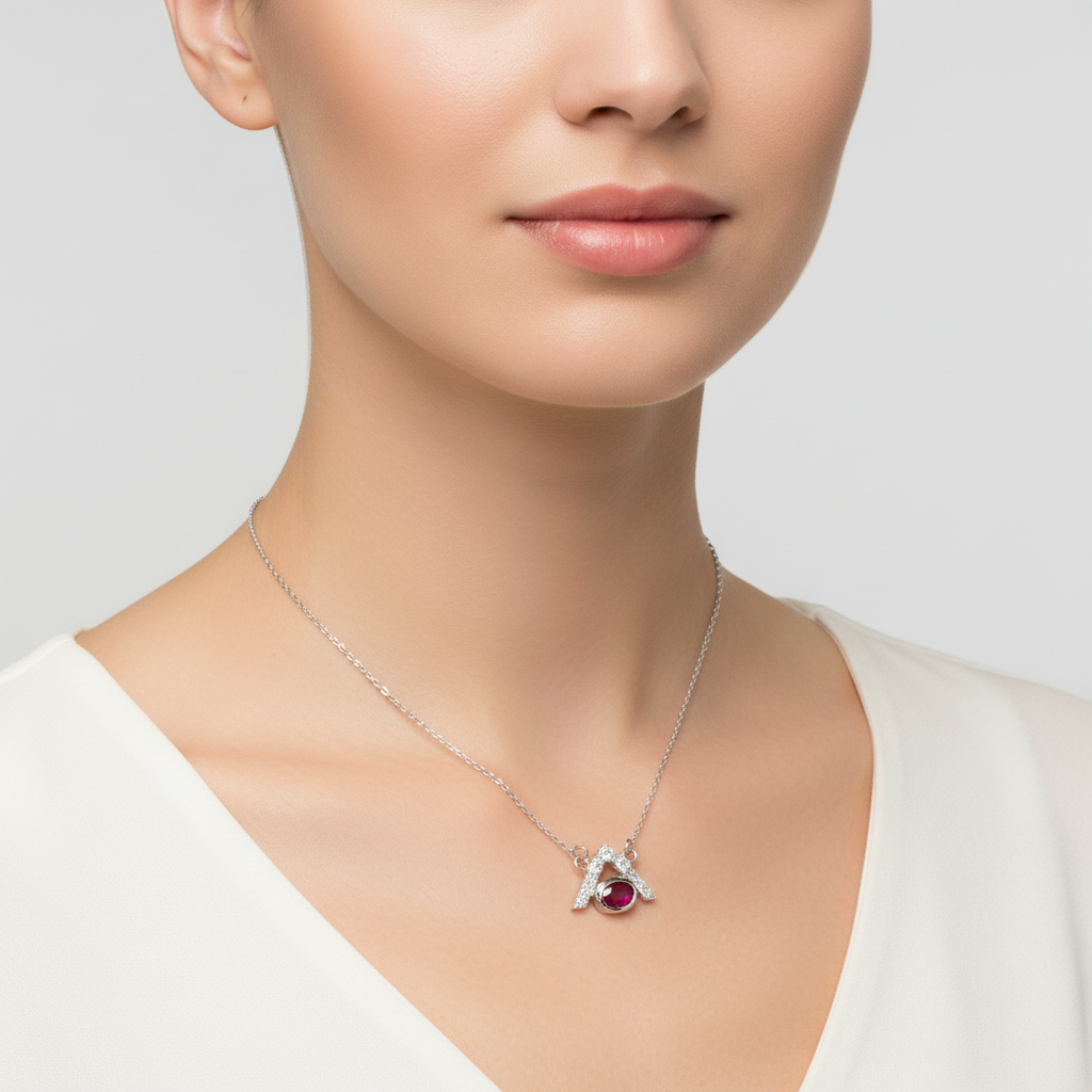 Woman wearing North Point Ruby Necklace
