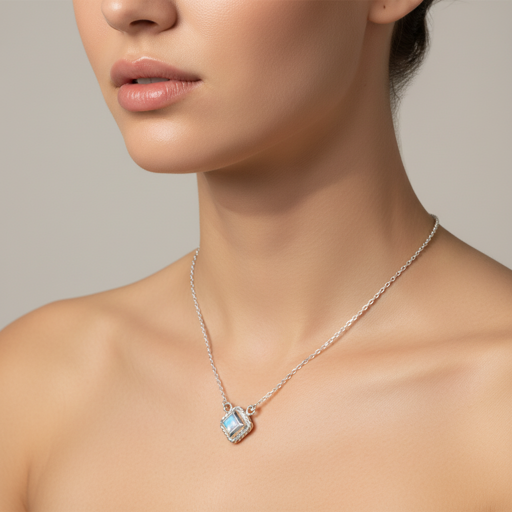 Woman wearing Rainbow Moonstone Necklace