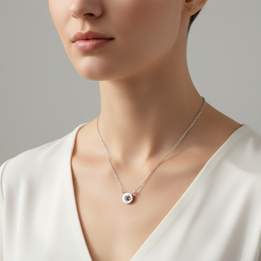 Woman wearing Full Moon Sapphire Necklace