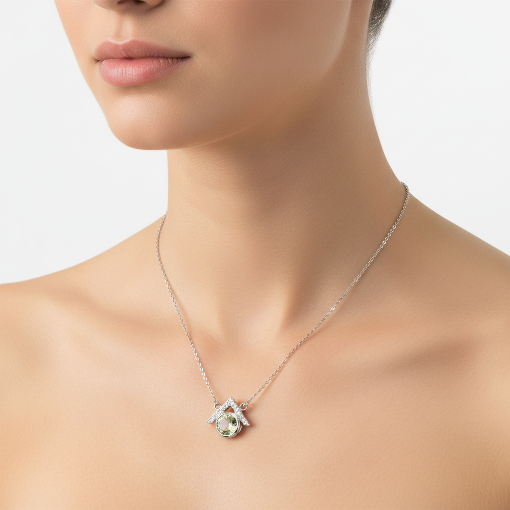 Woman wearing North Point Green Amethyst Necklace