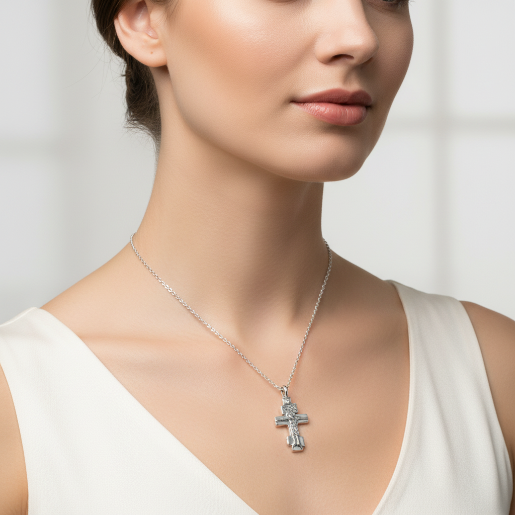 Woman wearing Ukrainian Cross Pendant necklace