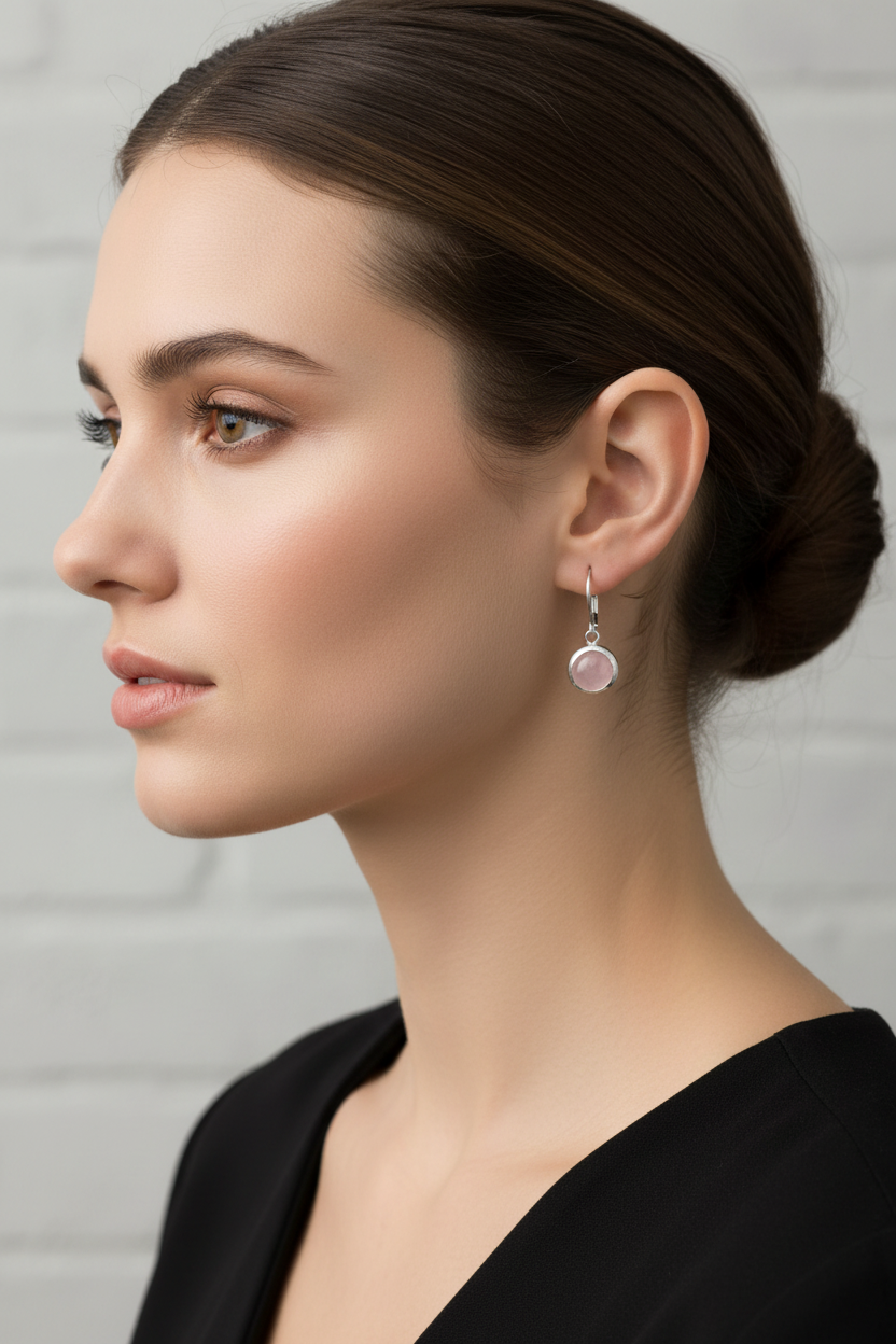 Woman wearing delicate Rose Quartz Dangle earrings