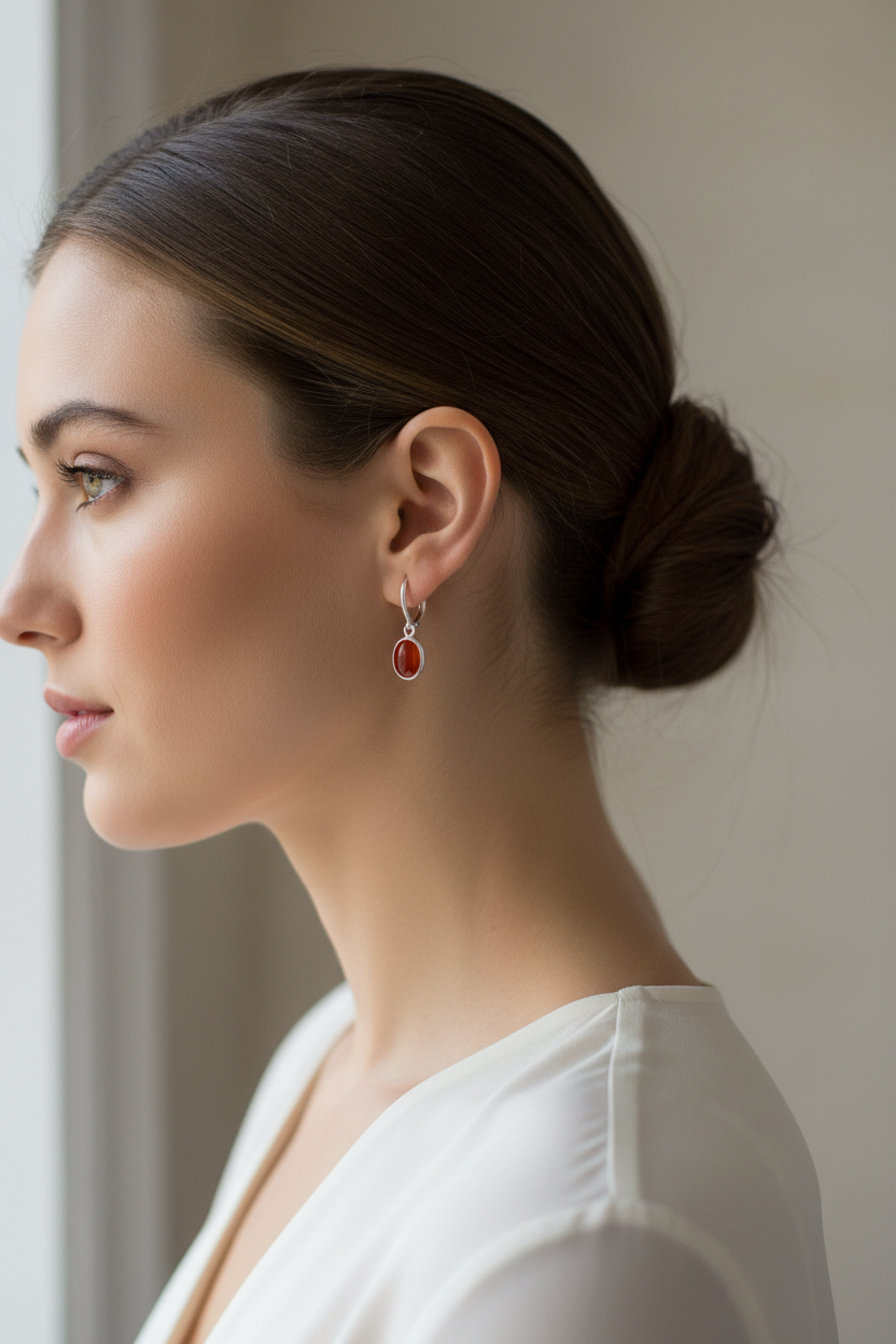 Woman wearing petite carnelian lever back earrings with clean bezel
